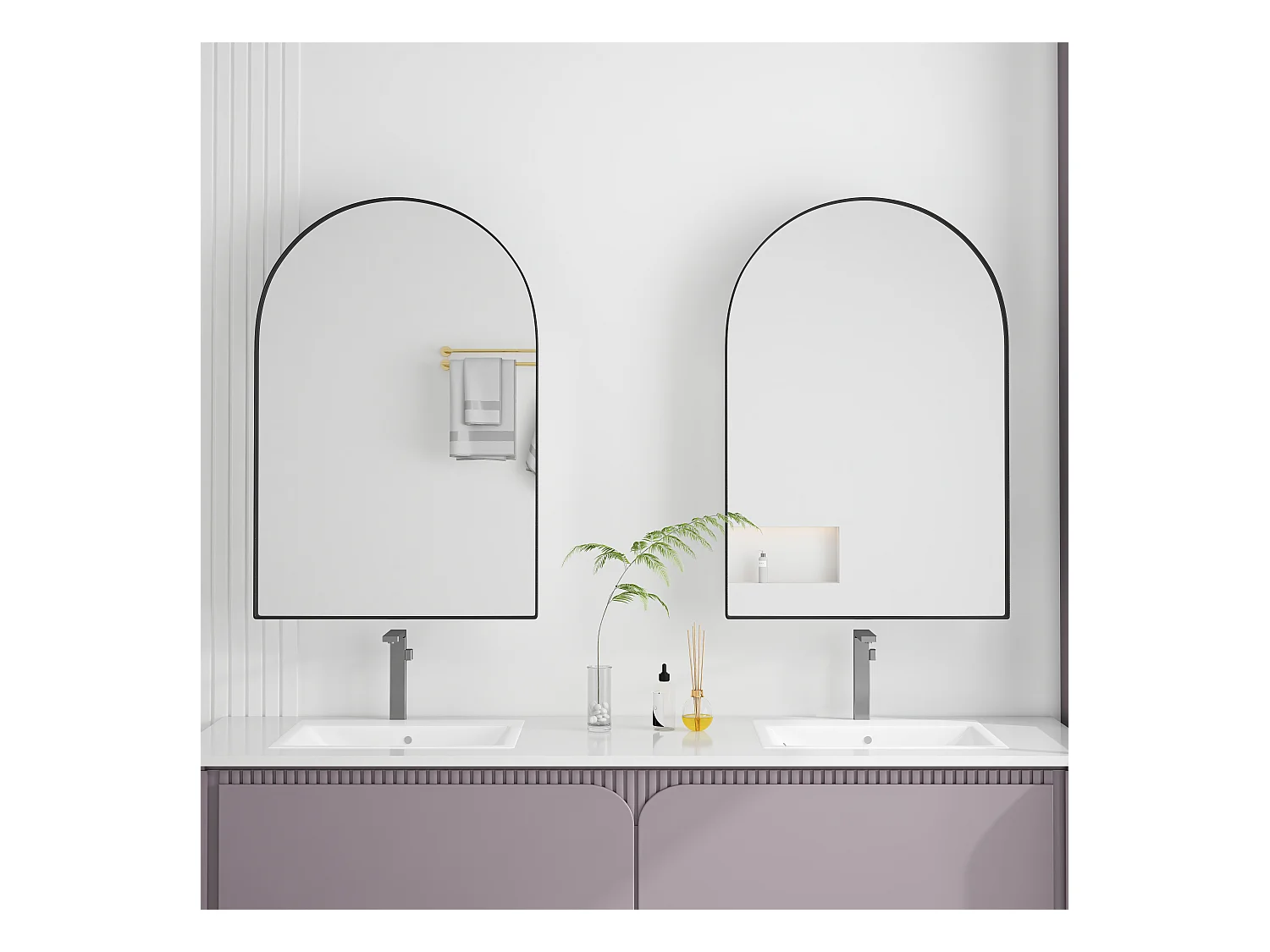 Gebogen spiegelkast, metalen wandkast met spiegel en verstelbare planken, voor badkamer, woonkamer en slaapkamer, zwart (91x61x12 cm)