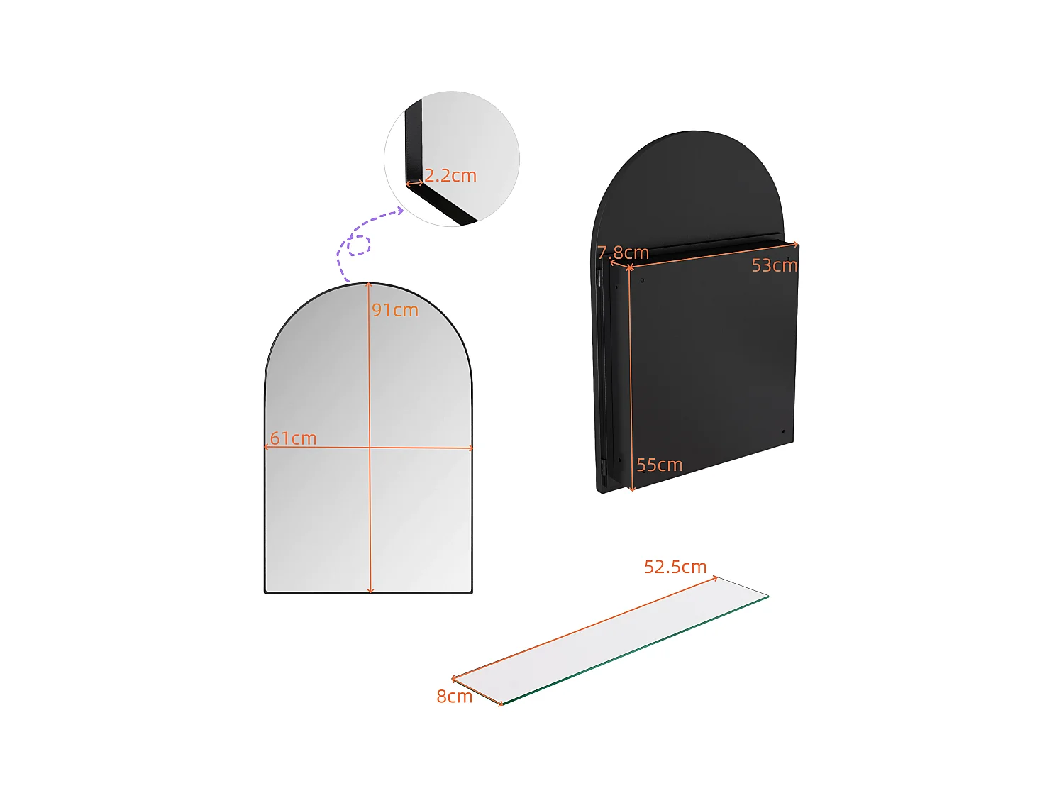 Gebogen spiegelkast, metalen wandkast met spiegel en verstelbare planken, voor badkamer, woonkamer en slaapkamer, zwart (91x61x12 cm)