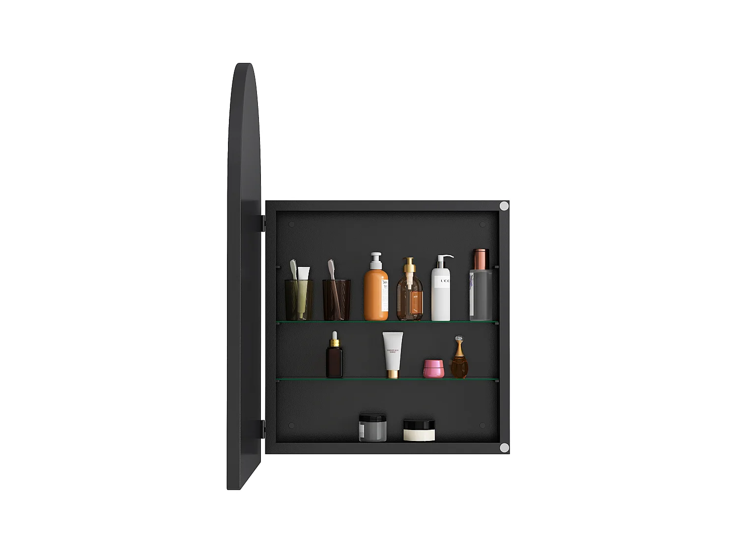 Gebogen spiegelkast, metalen wandkast met spiegel en verstelbare planken, voor badkamer, woonkamer en slaapkamer, zwart (91x61x12 cm)