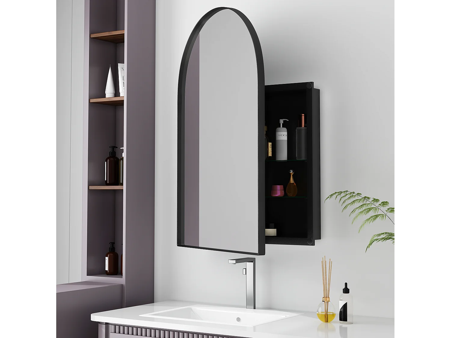 Armario de pared de metal con espejo curvo y estantes ajustables, para baño, salón y dormitorio, color negro (91 x 61 x 12 cm)