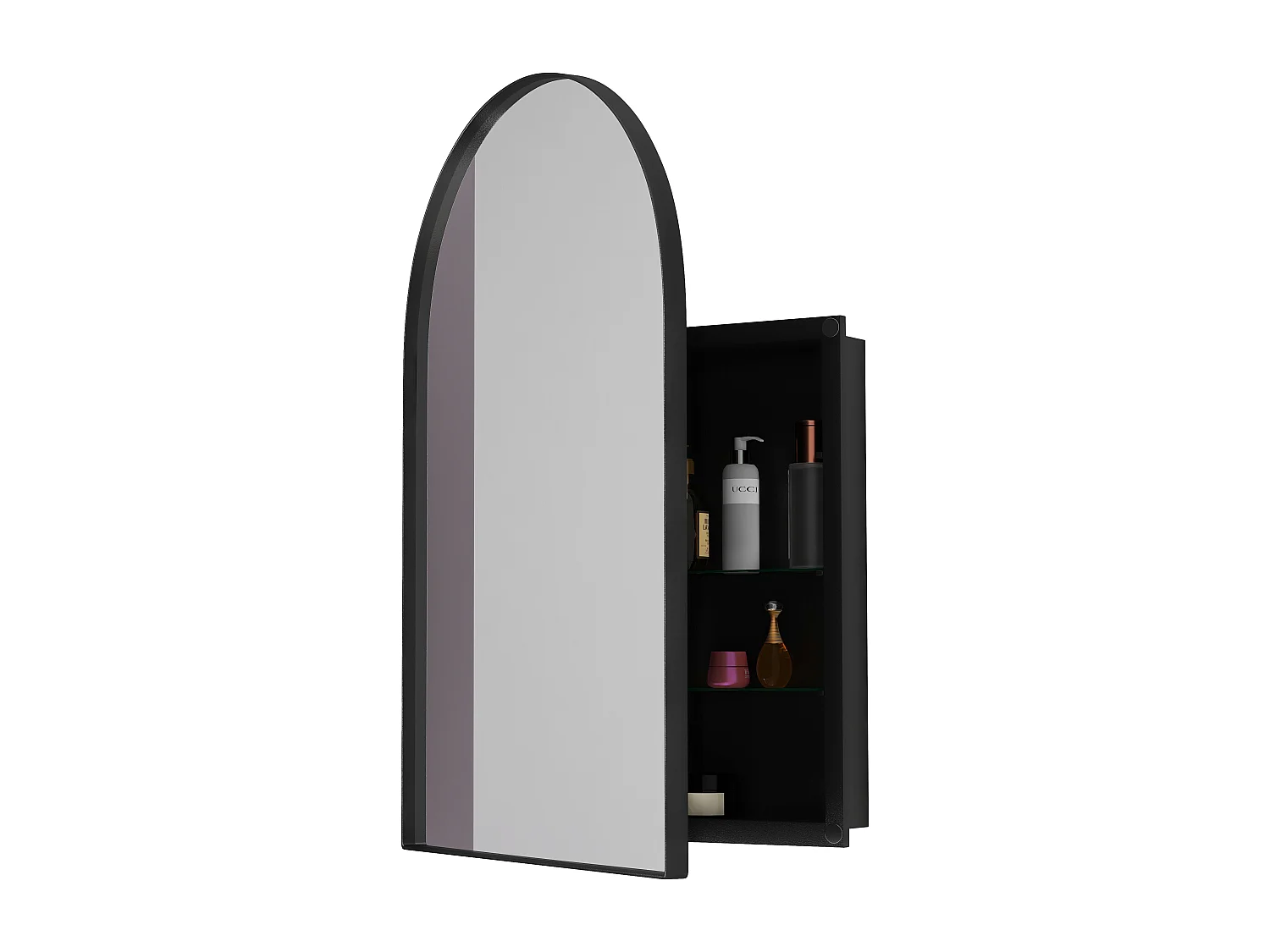 Armario de pared de metal con espejo curvo y estantes ajustables, para baño, salón y dormitorio, color negro (91 x 61 x 12 cm)