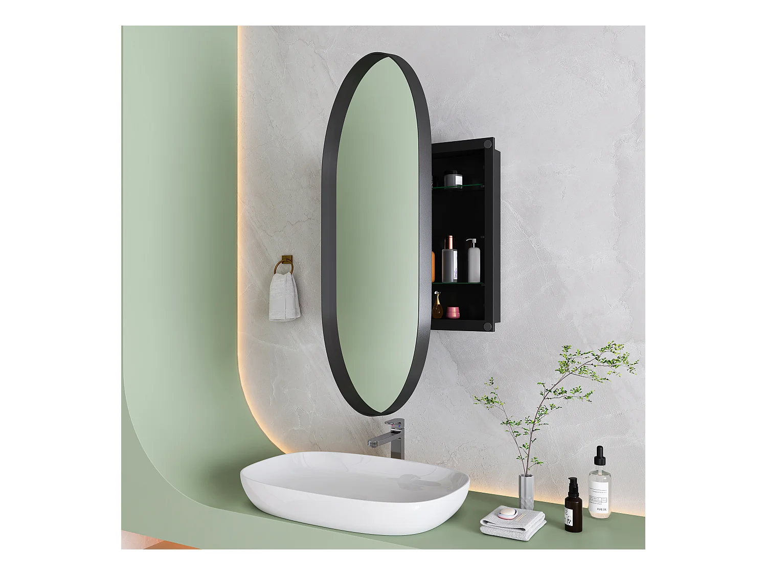 Miroir Arqué avec rangement, Cabinet mural avec cadre en métal, Armoire Miroir avec étagères réglables, pour salle de bain, noir (85x51.5x12 cm)