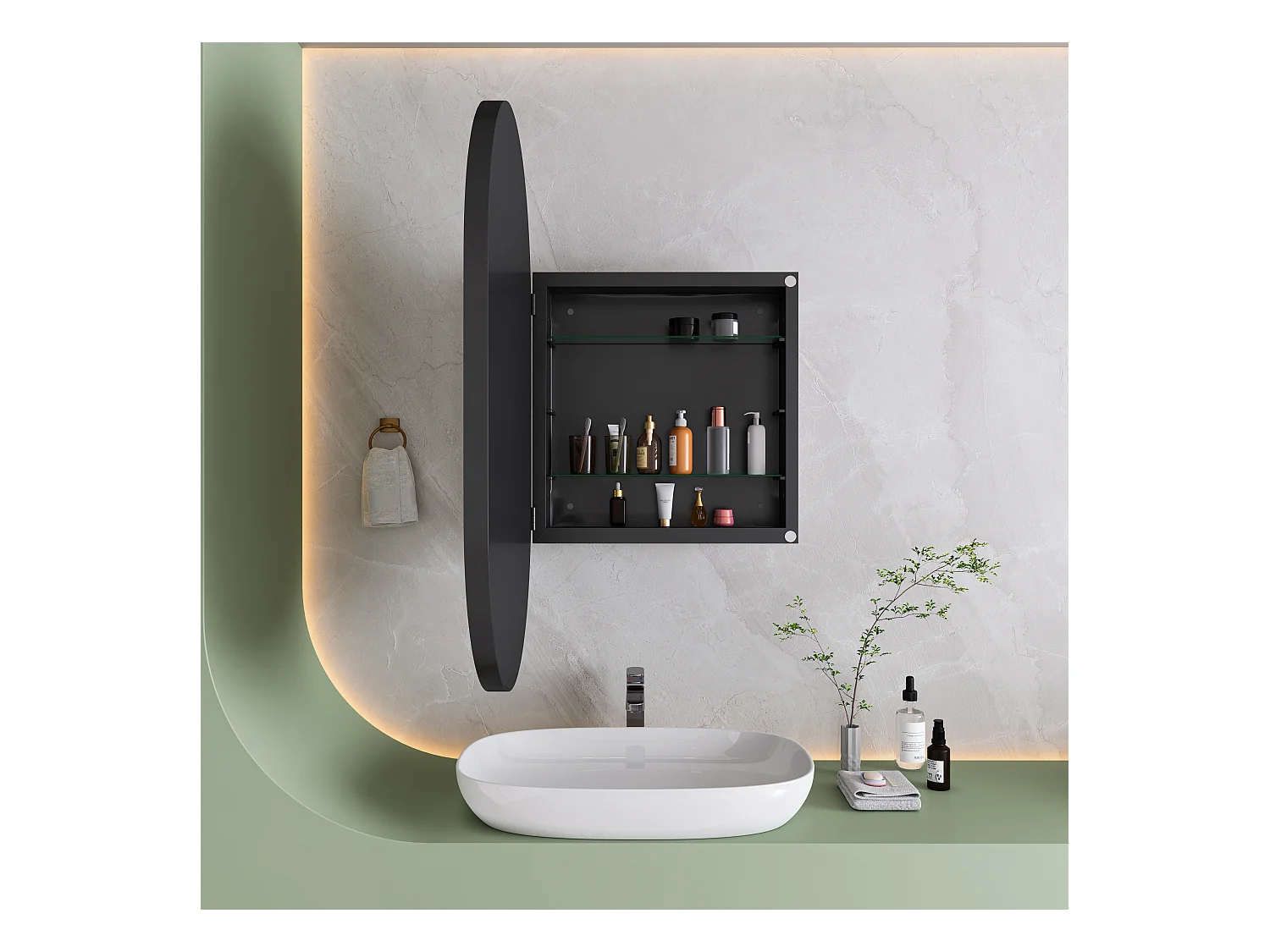 Miroir Arqué avec rangement, Cabinet mural avec cadre en métal, Armoire Miroir avec étagères réglables, pour salle de bain, noir (85x51.5x12 cm)