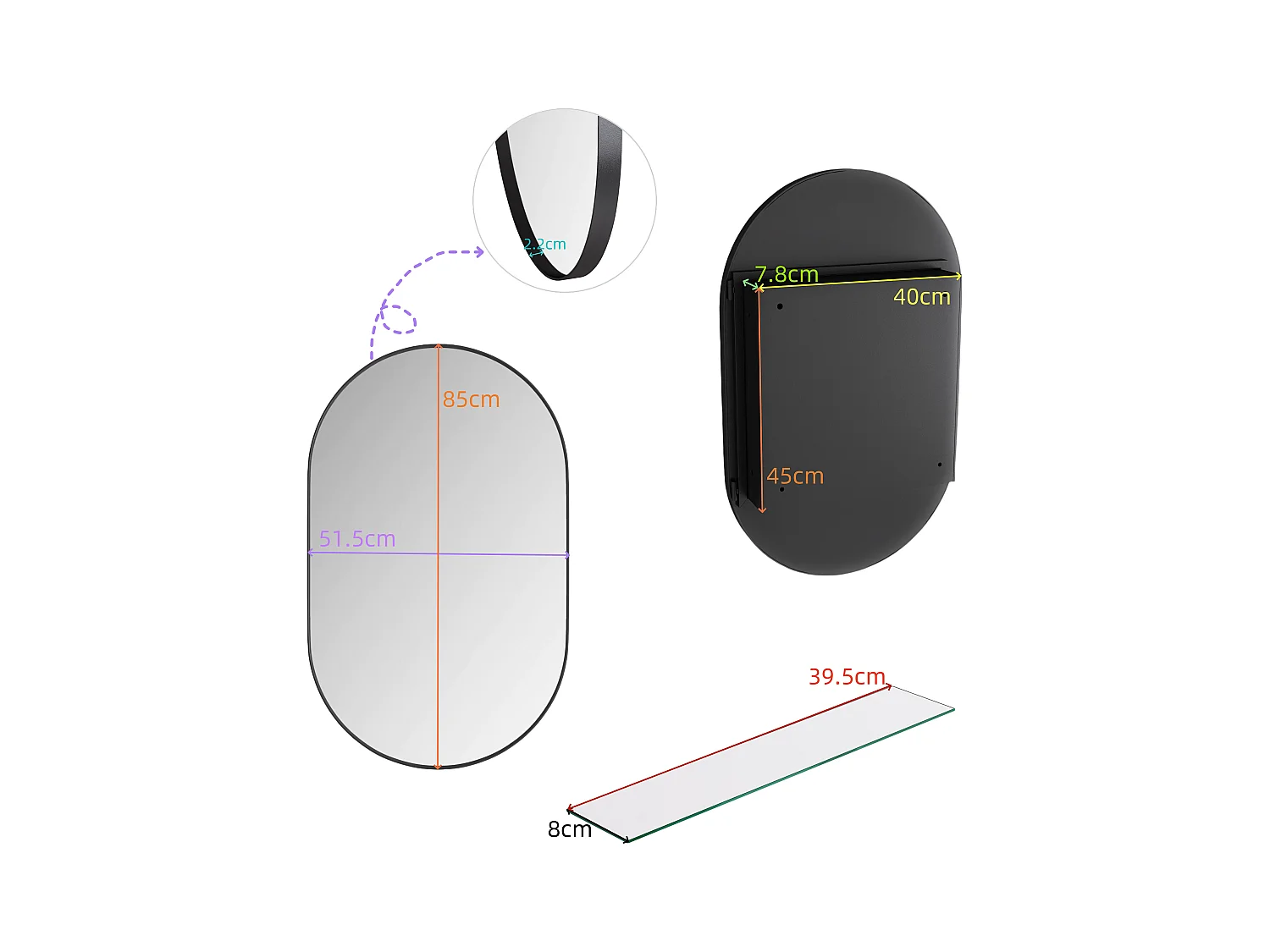 Miroir Arqué avec rangement, Cabinet mural avec cadre en métal, Armoire Miroir avec étagères réglables, pour salle de bain, noir (85x51.5x12 cm)