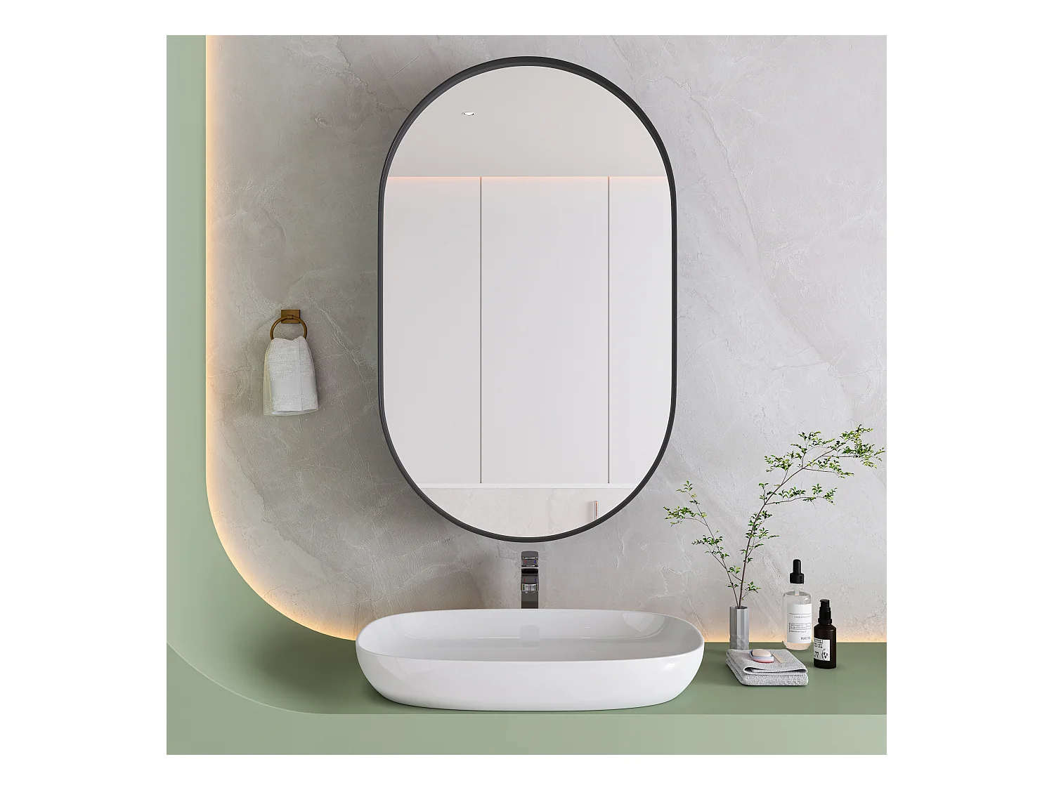 Miroir Arqué avec rangement, Cabinet mural avec cadre en métal, Armoire Miroir avec étagères réglables, pour salle de bain, noir (85x51.5x12 cm)