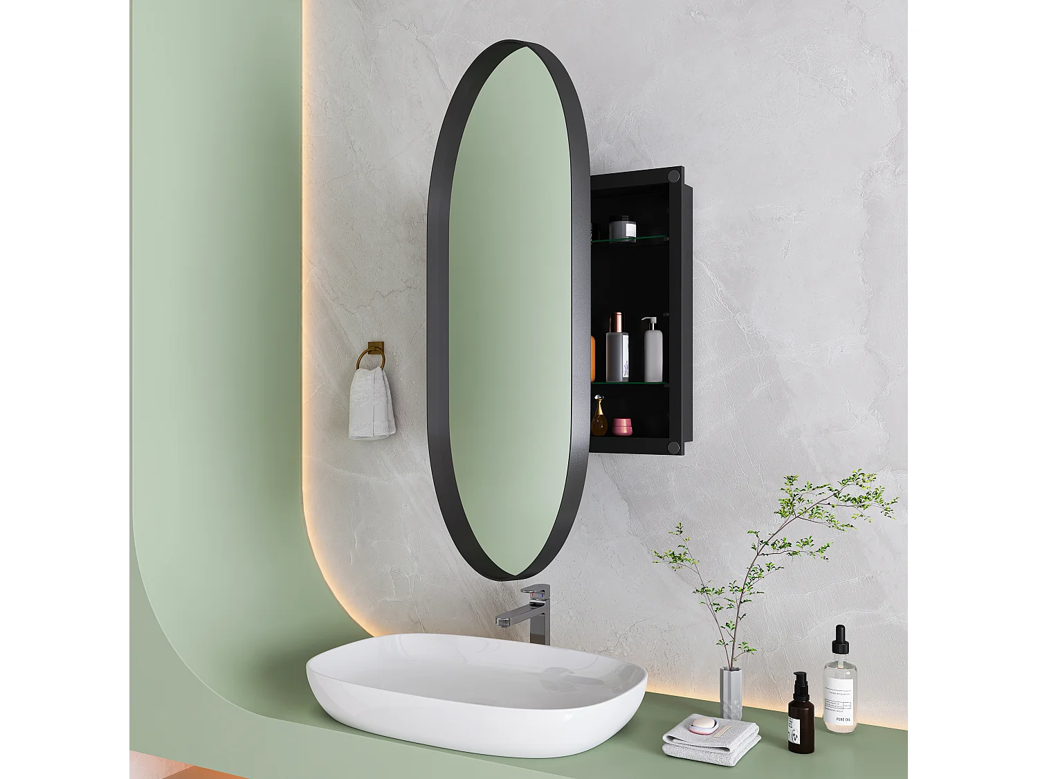 Miroir Arqué avec rangement, Cabinet mural avec cadre en métal, Armoire Miroir avec étagères réglables, pour salle de bain, noir (85x51.5x12 cm)