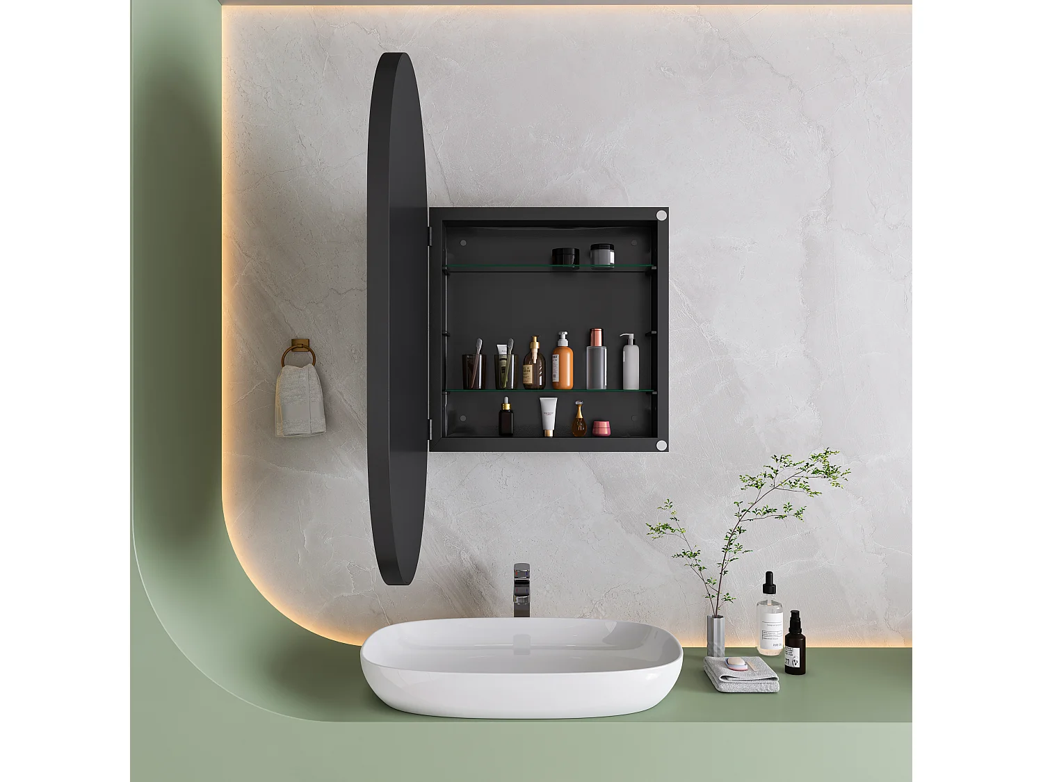 Miroir Arqué avec rangement, Cabinet mural avec cadre en métal, Armoire Miroir avec étagères réglables, pour salle de bain, noir (85x51.5x12 cm)