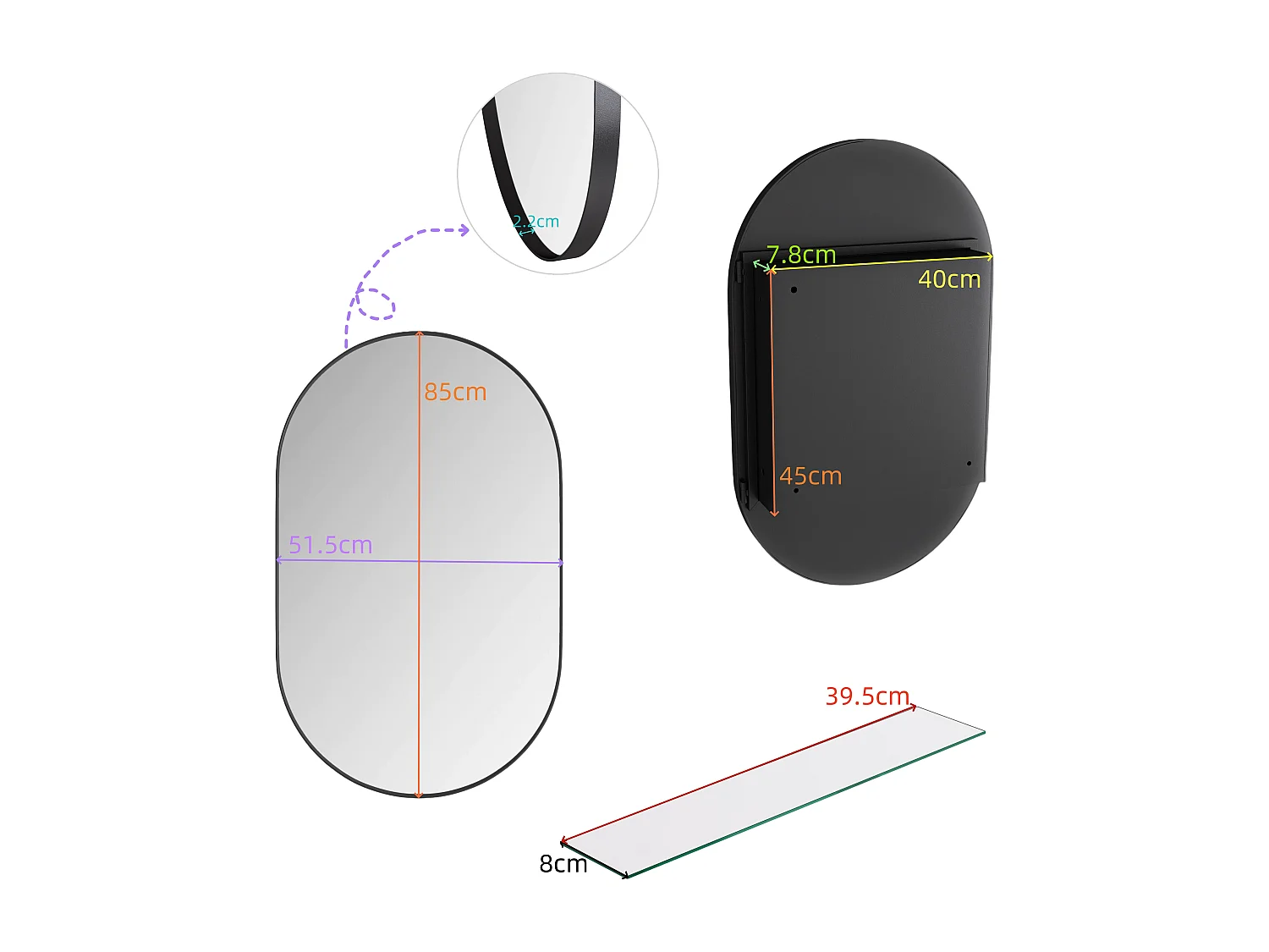 Miroir Arqué avec rangement, Cabinet mural avec cadre en métal, Armoire Miroir avec étagères réglables, pour salle de bain, noir (85x51.5x12 cm)