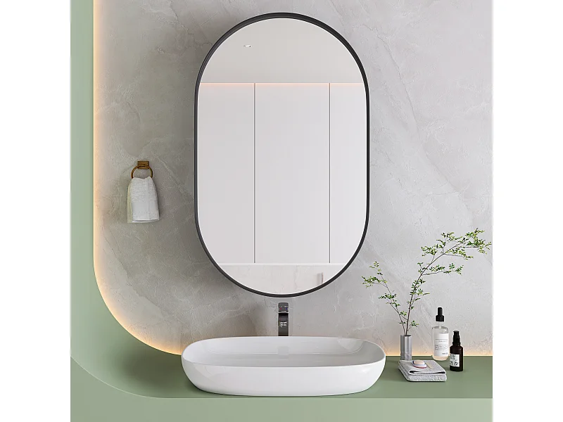 Miroir Arqué avec rangement, Cabinet mural avec cadre en métal, Armoire Miroir avec étagères réglables, pour salle de bain, noir (85x51.5x12 cm)