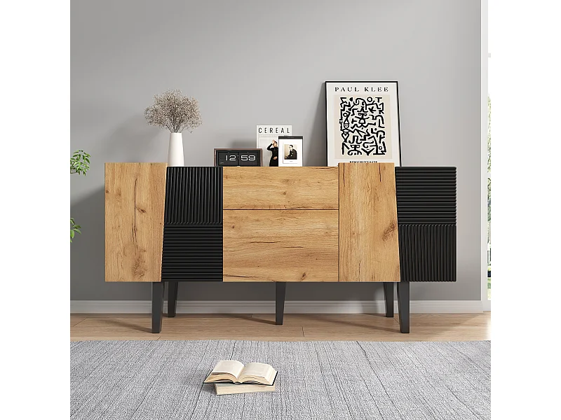 Meuble TV contemporain avec rangement pour téléviseur 60", centre de divertissement en bois avec pieds en bois massif (140x40x70 cm)