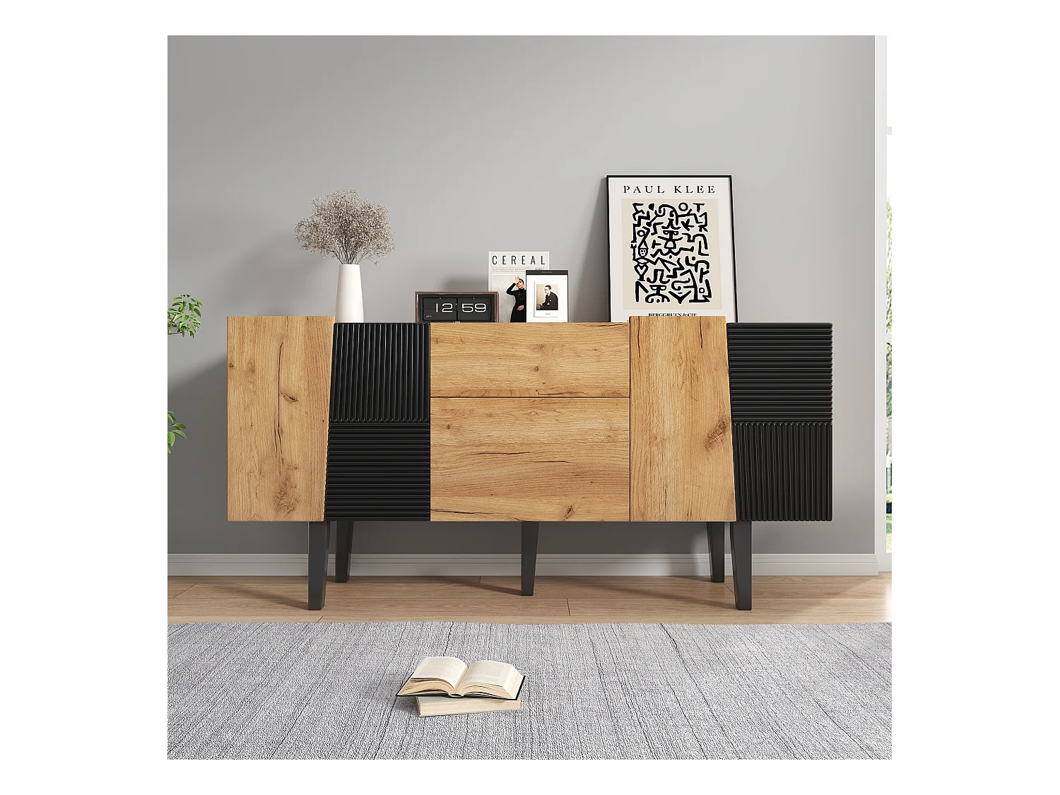 Meuble TV contemporain avec rangement pour téléviseur 60", centre de divertissement en bois avec pieds en bois massif (140x40x70 cm)