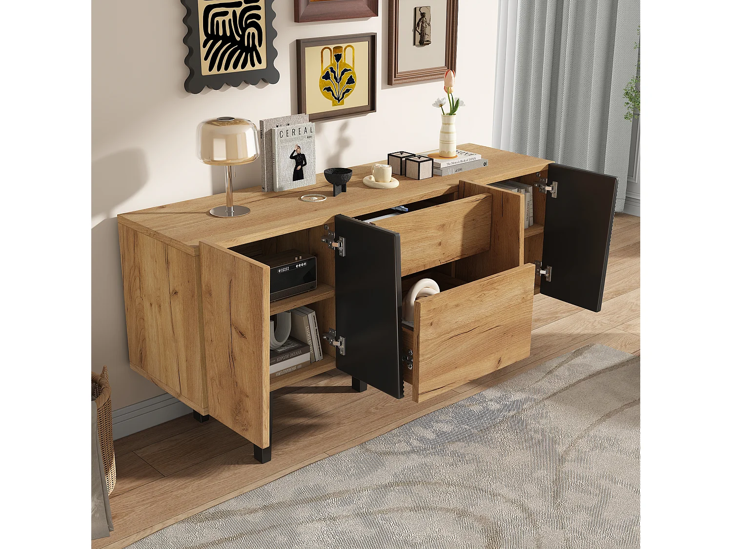 Meuble TV contemporain avec rangement pour téléviseur 60", centre de divertissement en bois avec pieds en bois massif (140x40x70 cm)