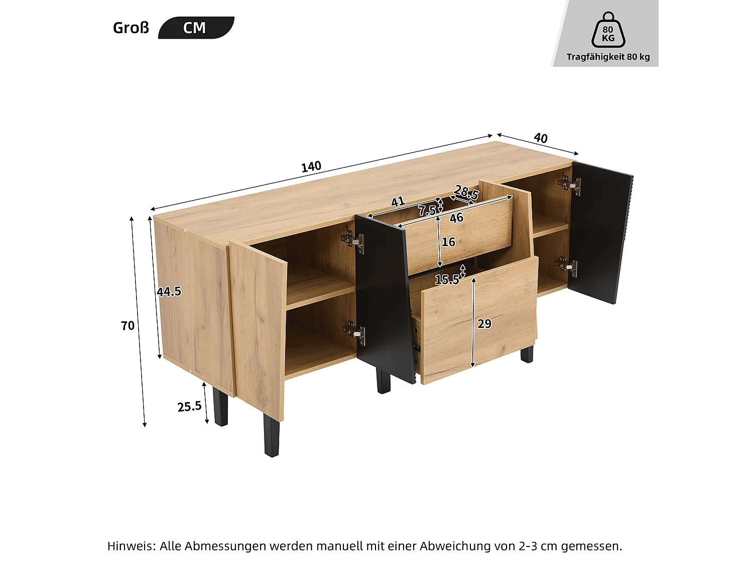 Meuble TV contemporain avec rangement pour téléviseur 60", centre de divertissement en bois avec pieds en bois massif (140x40x70 cm)