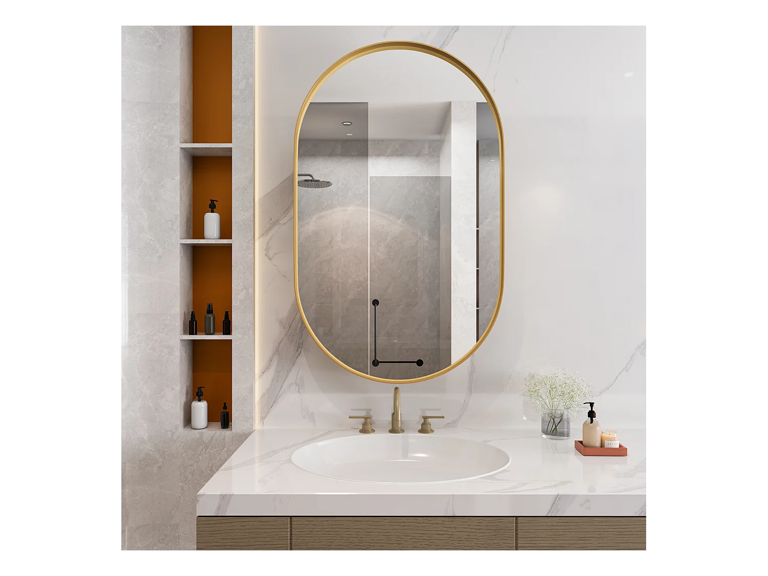 Ovale spiegelkast, wandkast met metalen frame, verstelbare planken, voor badkamer, woonkamer en slaapkamer, goud (91x61x12 cm)