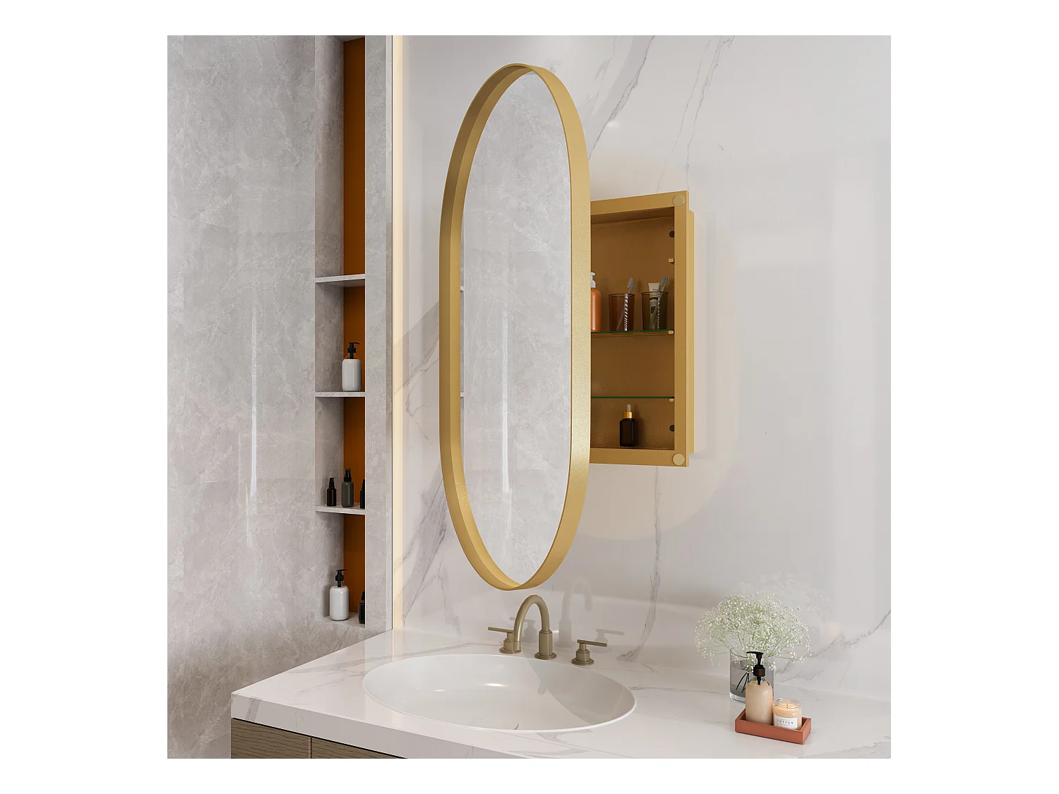 Ovale spiegelkast, wandkast met metalen frame, verstelbare planken, voor badkamer, woonkamer en slaapkamer, goud (91x61x12 cm)