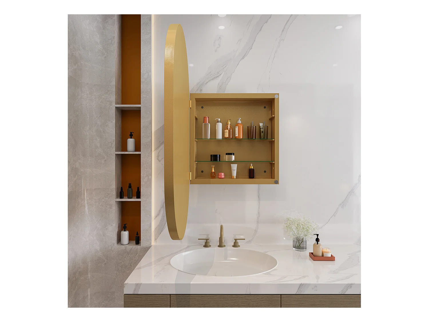 Ovale spiegelkast, wandkast met metalen frame, verstelbare planken, voor badkamer, woonkamer en slaapkamer, goud (91x61x12 cm)