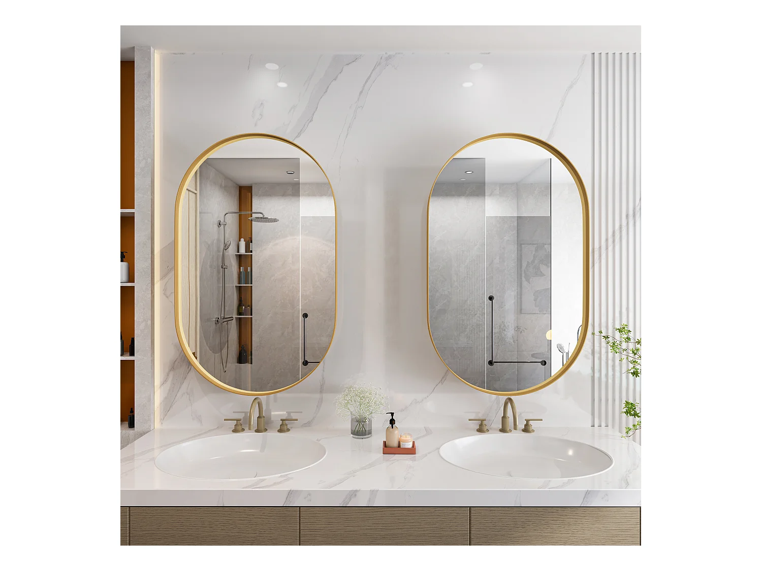 Ovale spiegelkast, wandkast met metalen frame, verstelbare planken, voor badkamer, woonkamer en slaapkamer, goud (91x61x12 cm)