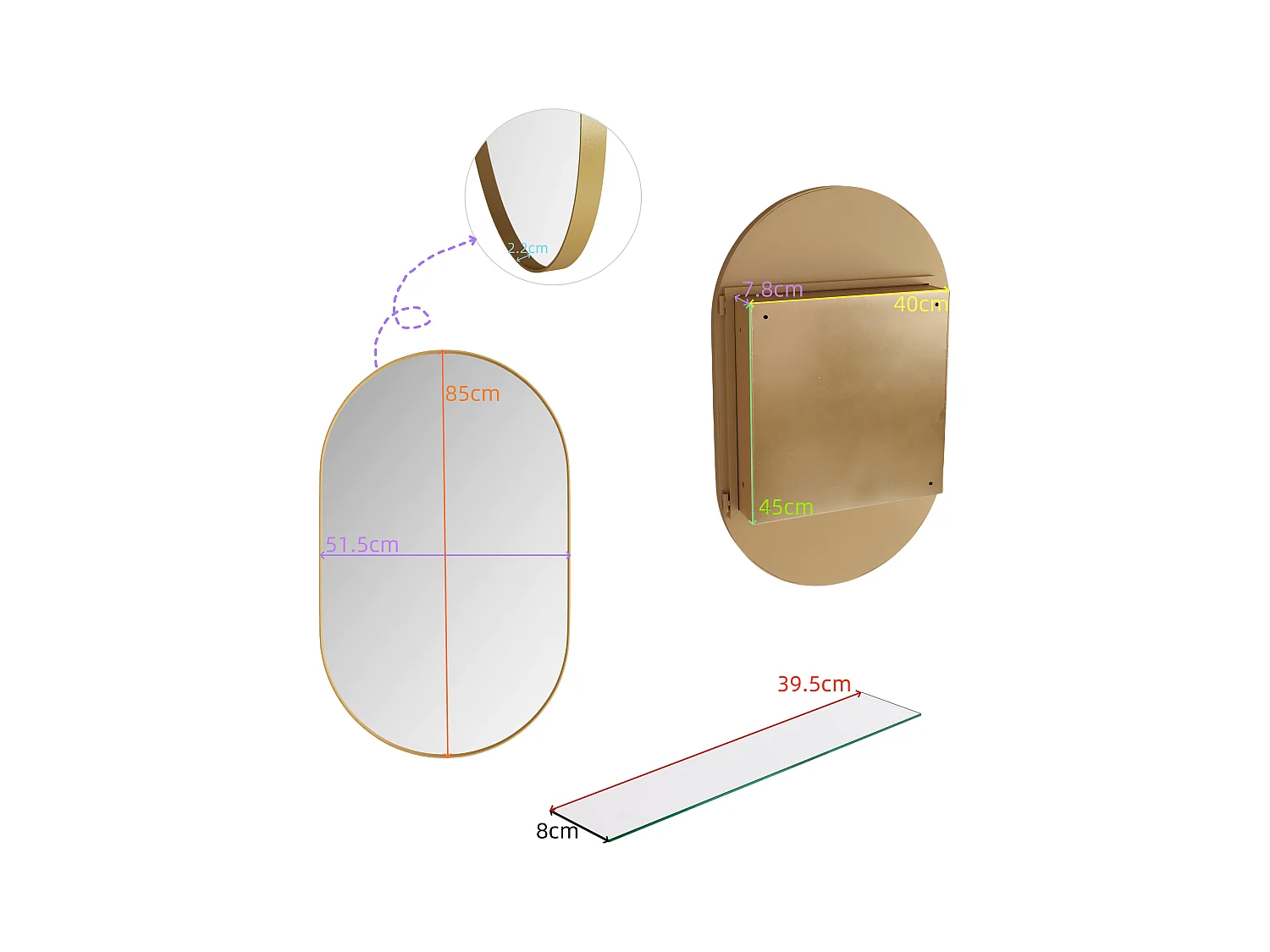 Ovale spiegelkast, wandkast met metalen frame, verstelbare planken, voor badkamer, woonkamer en slaapkamer, goud (91x61x12 cm)
