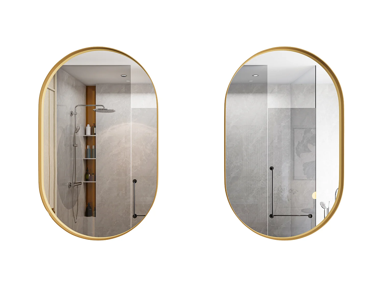 Ovale spiegelkast, wandkast met metalen frame, verstelbare planken, voor badkamer, woonkamer en slaapkamer, goud (91x61x12 cm)