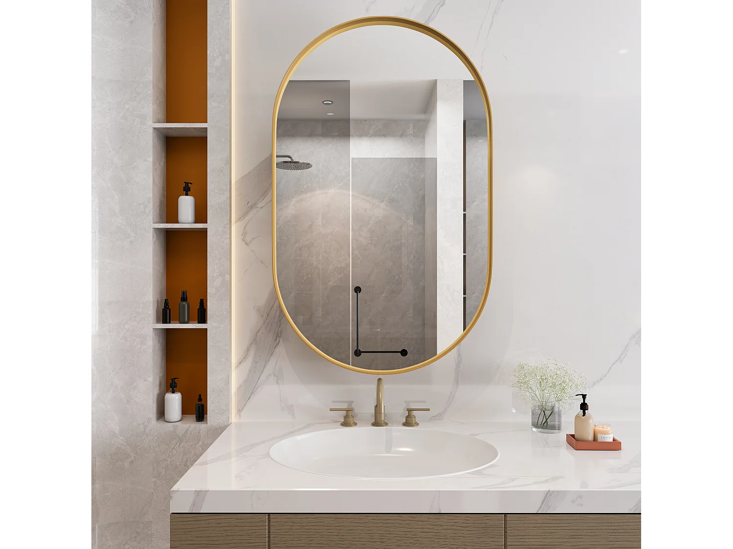 Armoire miroir ovale, cabinet mural avec cadre en métal, étagères réglables, pour salle de bain, salon et chambre, doré (91x61x12 cm)