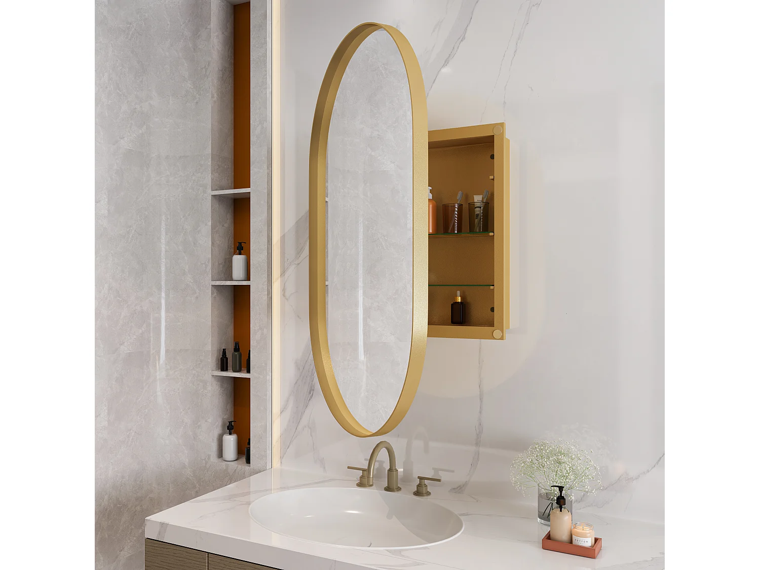Armoire miroir ovale, cabinet mural avec cadre en métal, étagères réglables, pour salle de bain, salon et chambre, doré (91x61x12 cm)