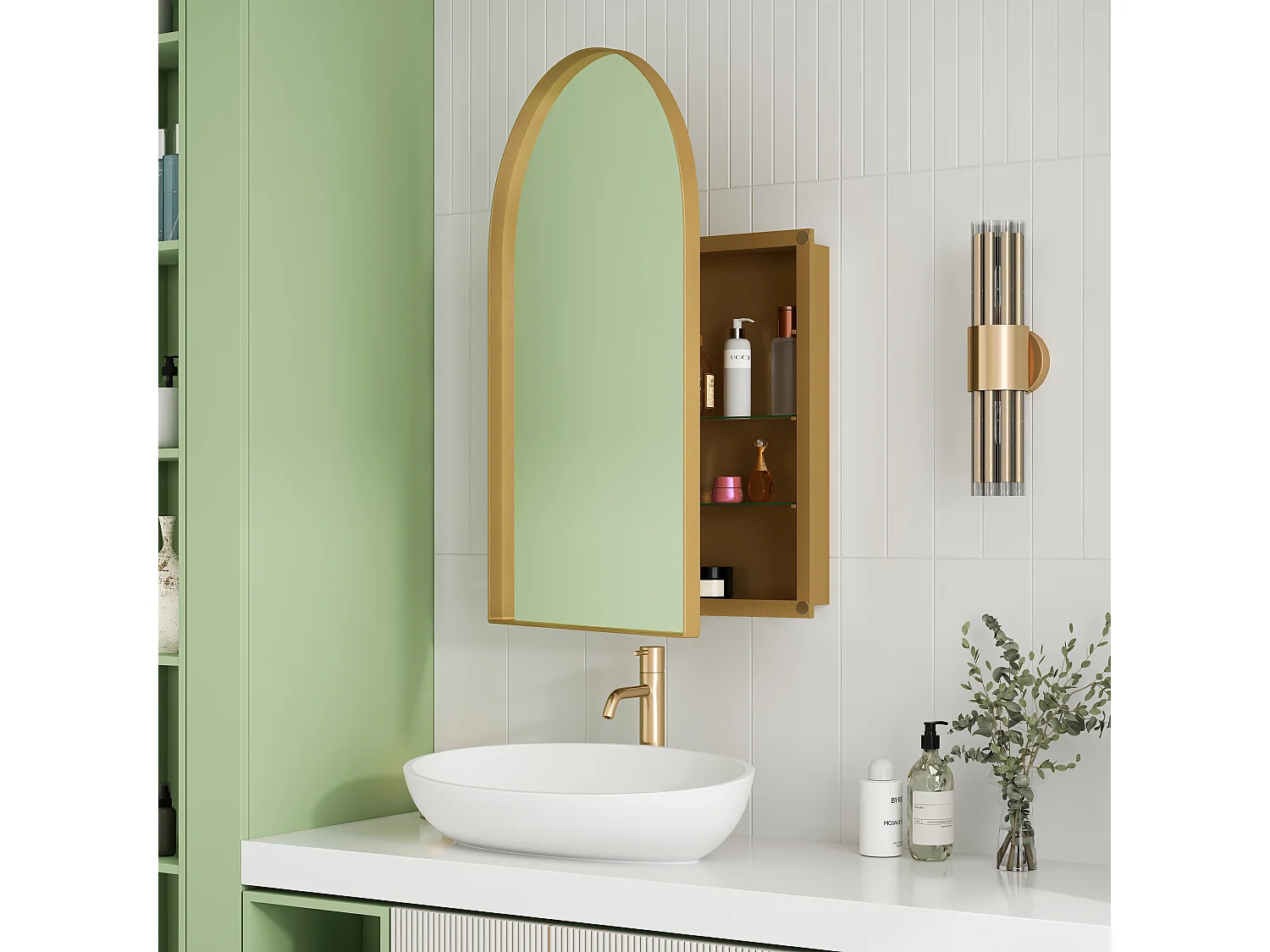 Armoire miroir incurvée, cabinet mural avec cadre métallique, étagères ajustables, pour salle de bain, salon et chambre, or (91x61x12 cm)