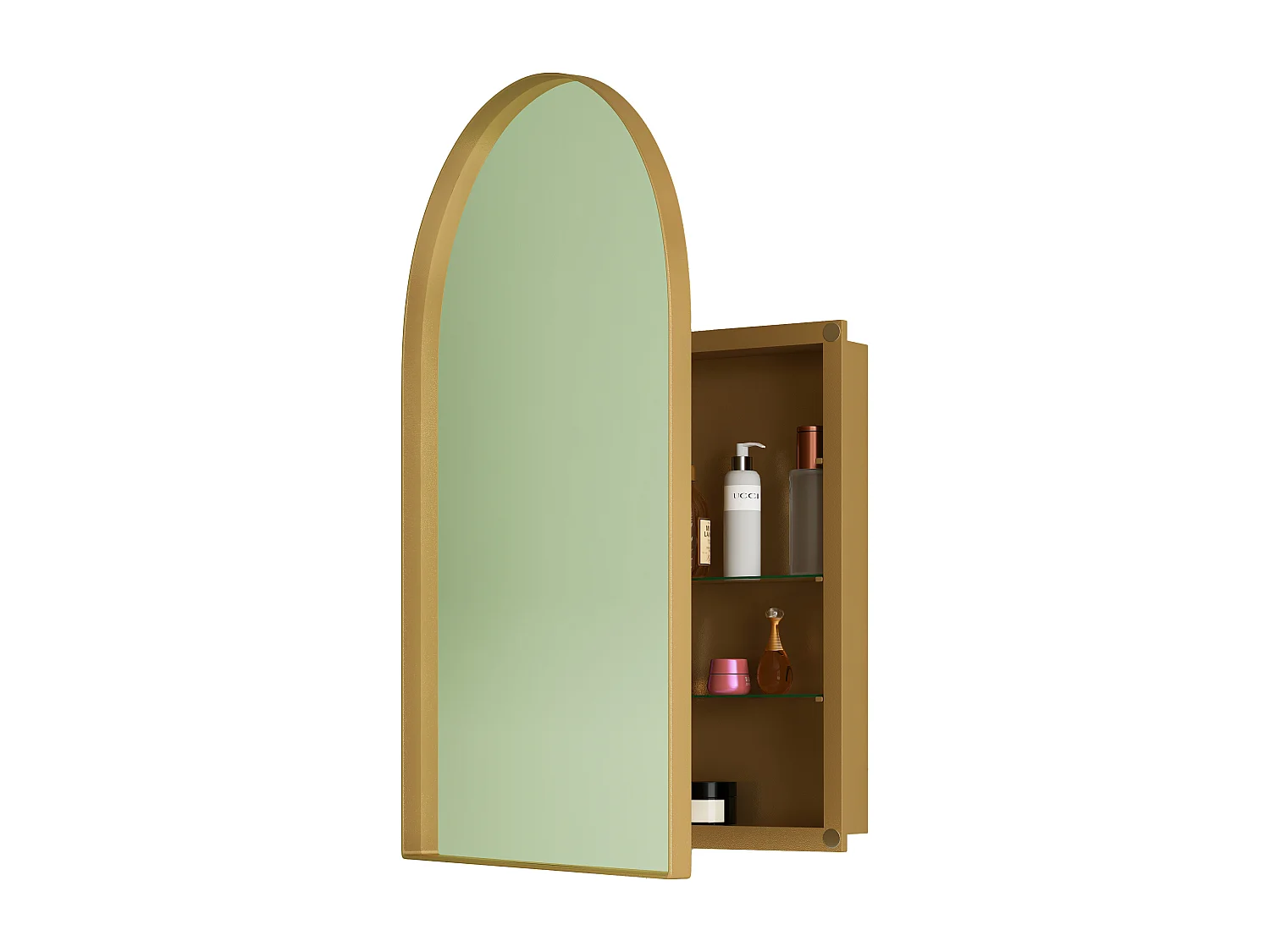 Armoire miroir incurvée, cabinet mural avec cadre métallique, étagères ajustables, pour salle de bain, salon et chambre, or (91x61x12 cm)