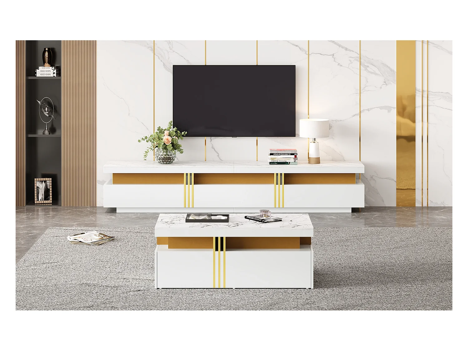 Ensemble TV et table basse moderne, MDF, Blanc, (100x50x40 cm)