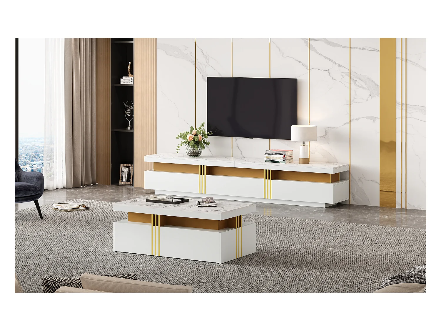 Ensemble TV et table basse moderne, MDF, Blanc, (100x50x40 cm)