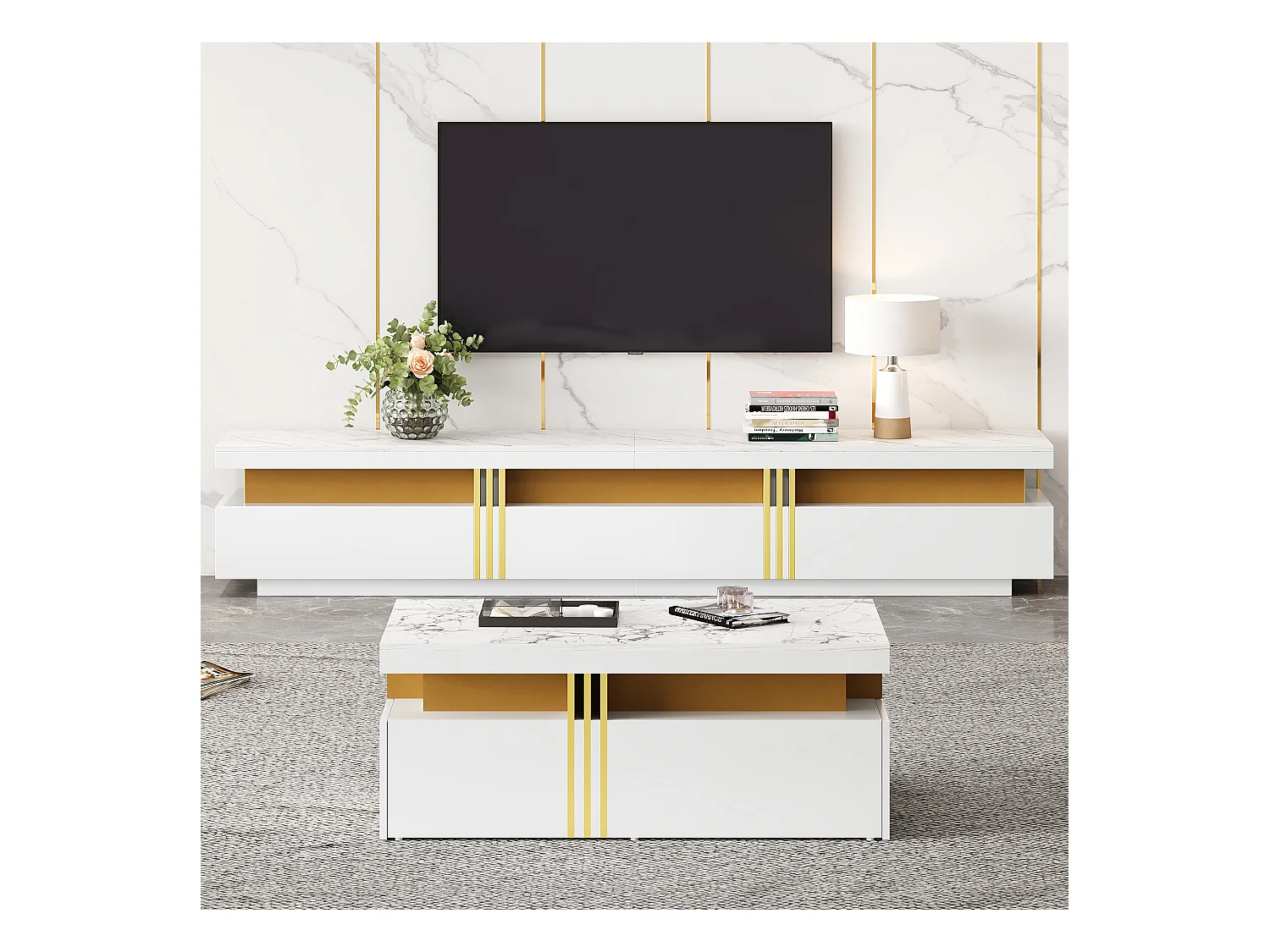 Ensemble TV et table basse moderne, MDF, Blanc, (100x50x40 cm)