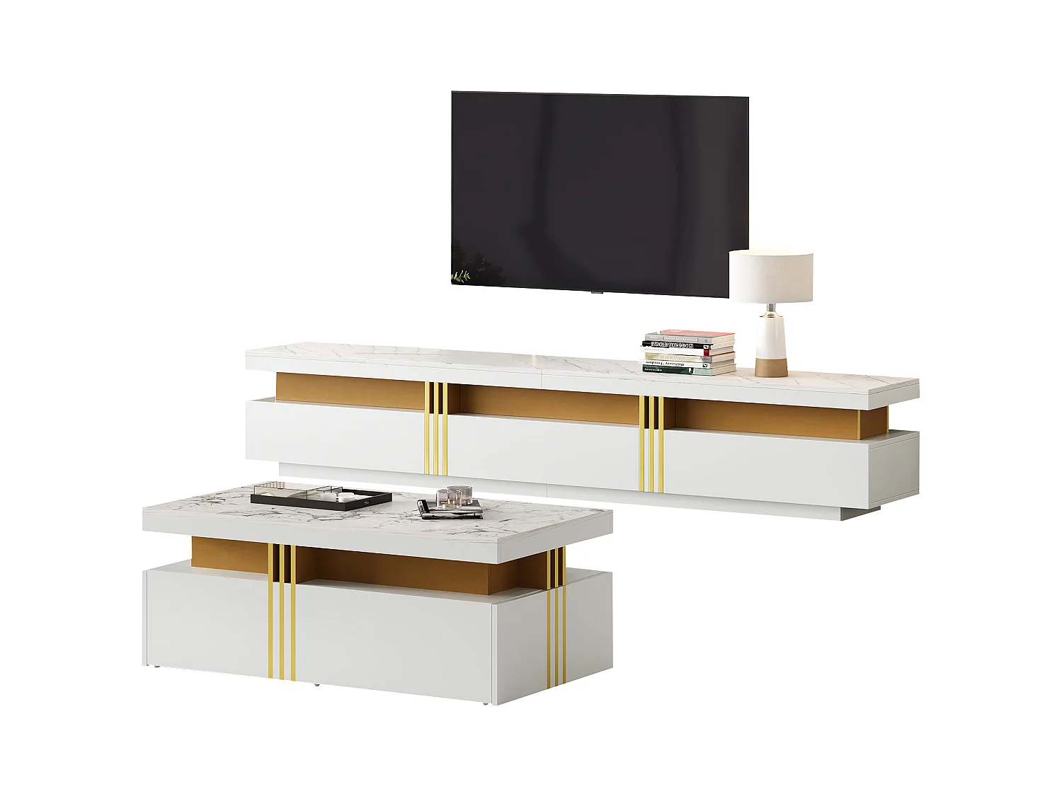 Ensemble TV et table basse moderne, MDF, Blanc, (100x50x40 cm)