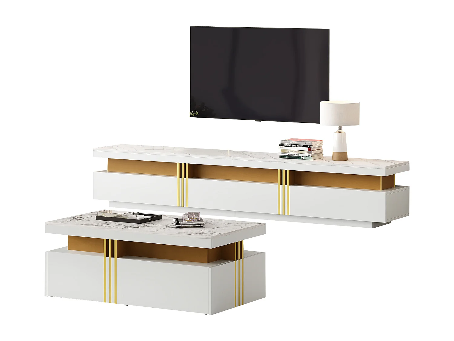 Ensemble TV et table basse moderne, MDF, Blanc, (100x50x40 cm)