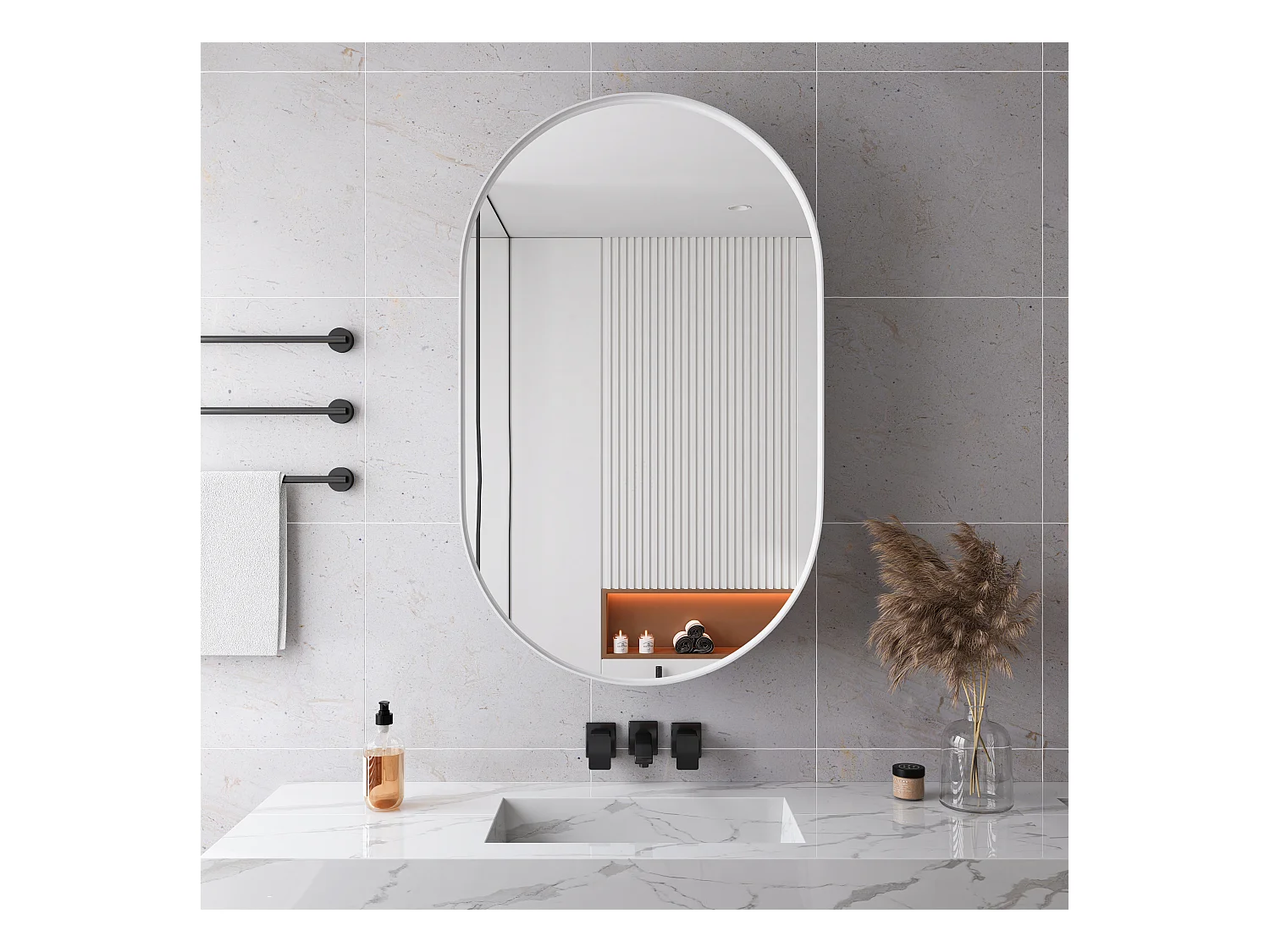 Armoire miroir ovale, cabinet mural avec cadre en métal, étagères réglables, pour salle de bain, salon et chambre, blanc (91x61x12 cm)