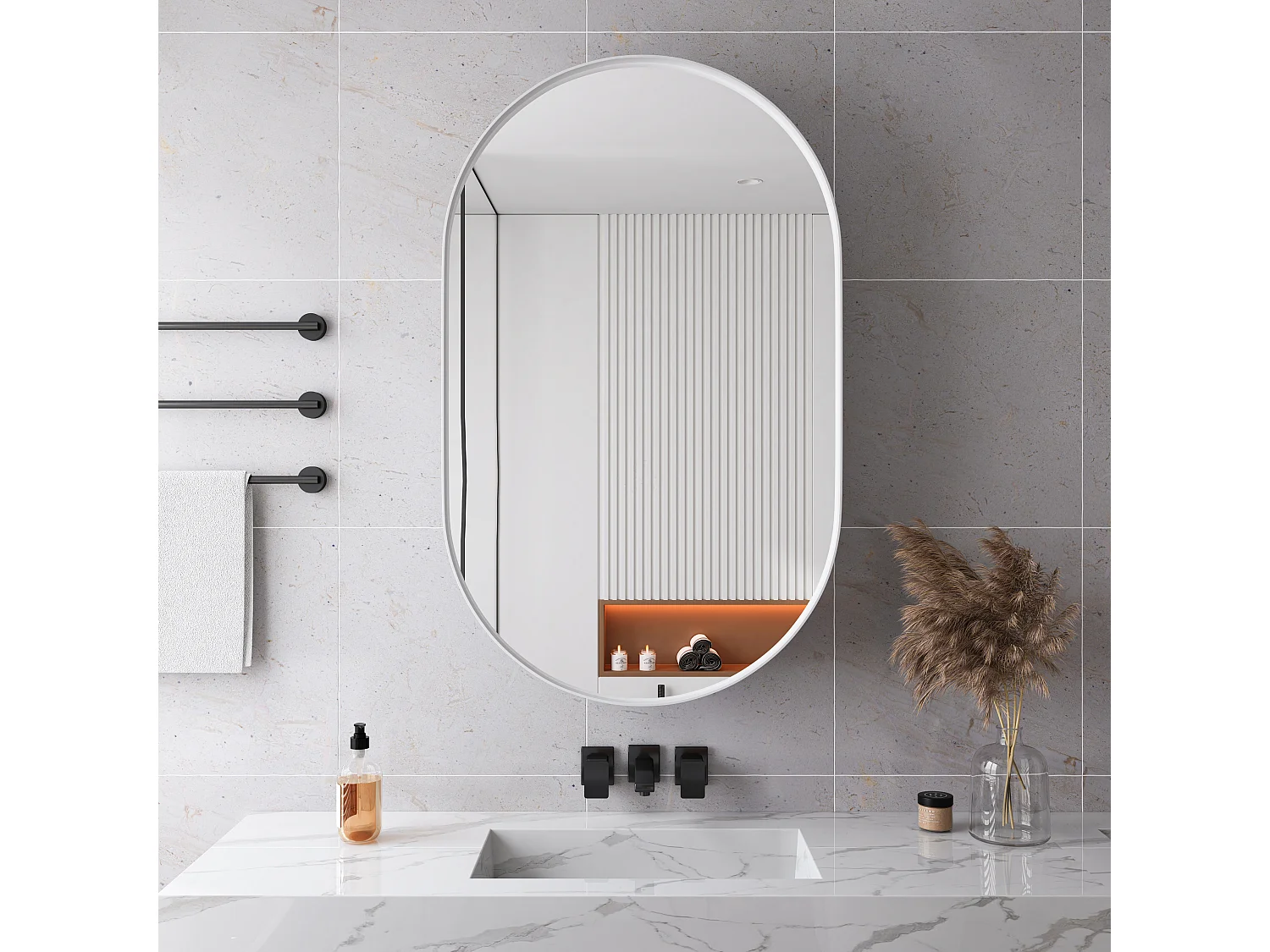 Ovale spiegelkast, wandkast met metalen frame, verstelbare planken, voor badkamer, woonkamer en slaapkamer, wit (91x61x12 cm)