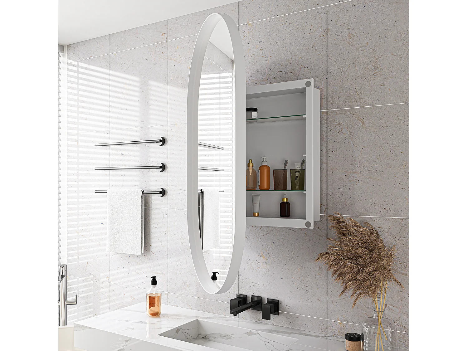 Ovale spiegelkast, wandkast met metalen frame, verstelbare planken, voor badkamer, woonkamer en slaapkamer, wit (91x61x12 cm)