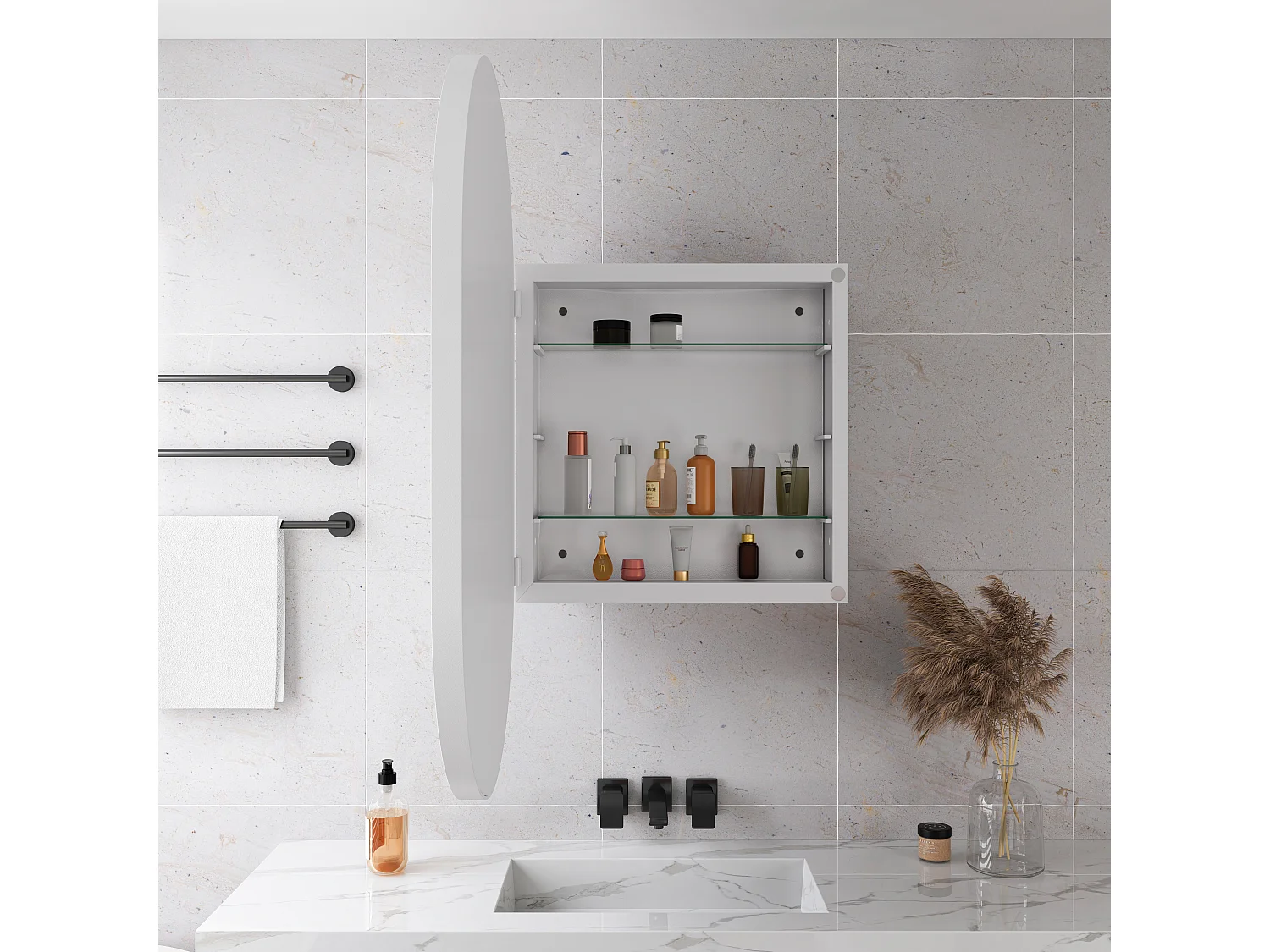 Ovale spiegelkast, wandkast met metalen frame, verstelbare planken, voor badkamer, woonkamer en slaapkamer, wit (91x61x12 cm)