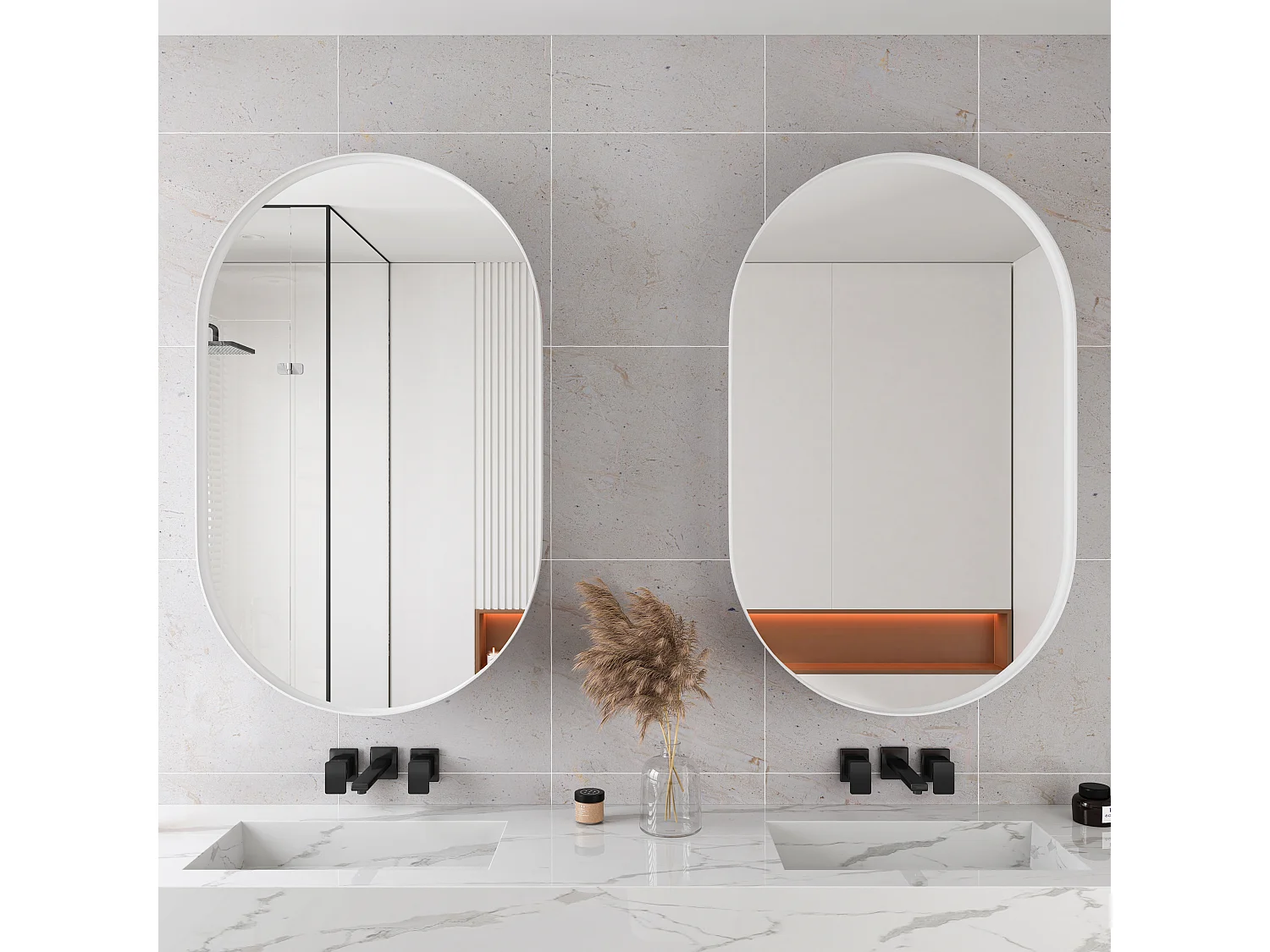 Ovale spiegelkast, wandkast met metalen frame, verstelbare planken, voor badkamer, woonkamer en slaapkamer, wit (91x61x12 cm)