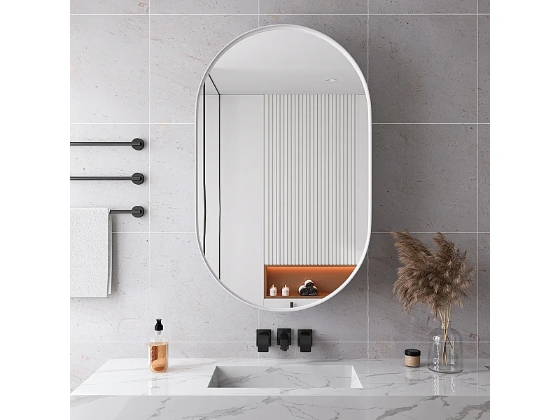 Ovale spiegelkast, wandkast met metalen frame, verstelbare planken, voor badkamer, woonkamer en slaapkamer, wit (91x61x12 cm)