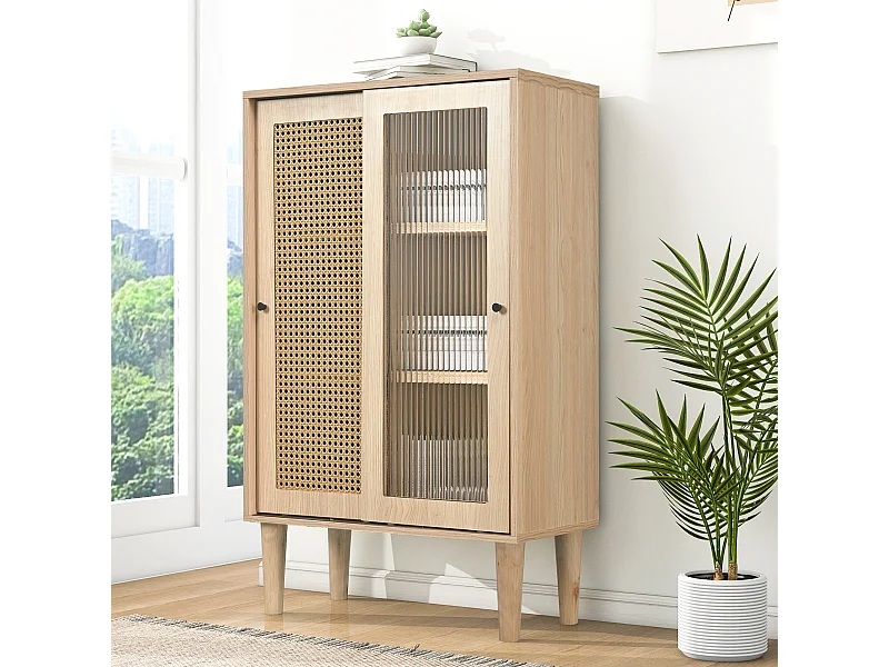 TV-meubel met schuifdeuren, modern bloemenmotief, MDF, eiken, met 6 vakken en 2 schuifdeuren (60x40x100 cm)