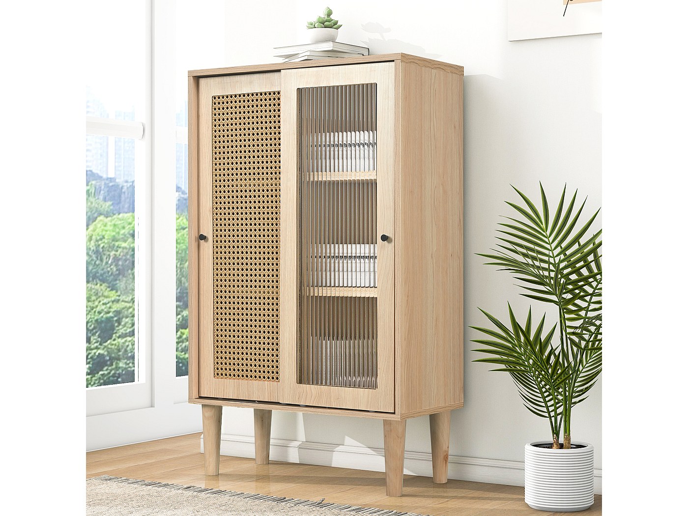 Porta a Soffietto da Interno 88,5x214 cm in PVC con Vetro Satinato Florance Cedro