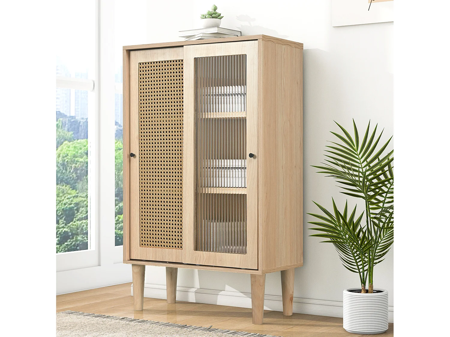 TV-meubel met schuifdeuren, modern bloemenmotief, MDF, eiken, met 6 vakken en 2 schuifdeuren (60x40x100 cm)