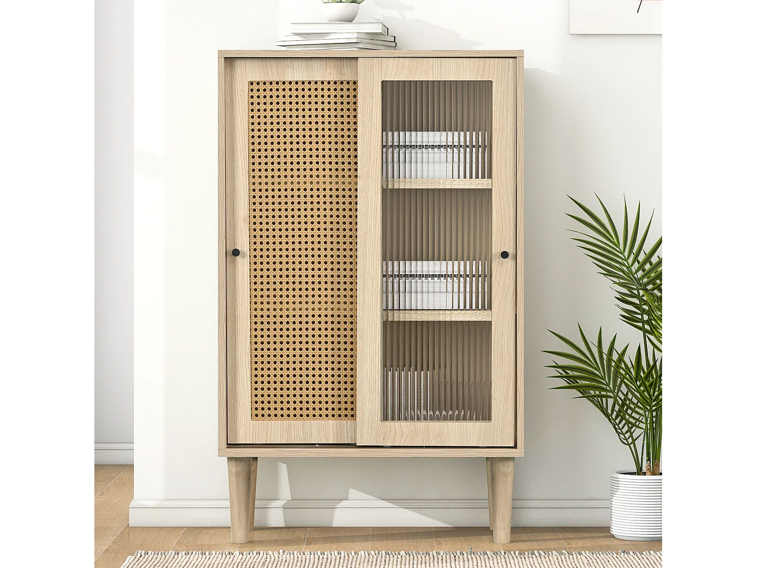 TV-meubel met schuifdeuren, modern bloemenmotief, MDF, eiken, met 6 vakken en 2 schuifdeuren (60x40x100 cm)