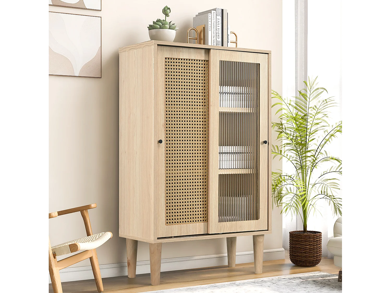 TV-meubel met schuifdeuren, modern bloemenmotief, MDF, eiken, met 6 vakken en 2 schuifdeuren (60x40x100 cm)