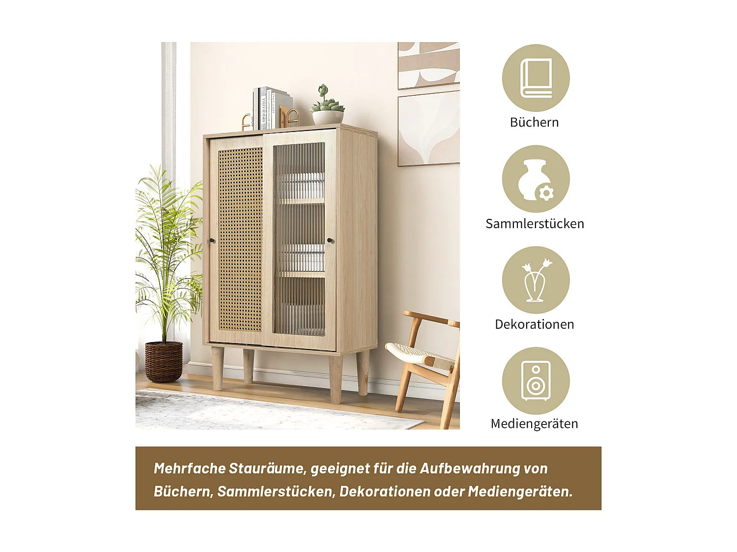 TV-meubel met schuifdeuren, modern bloemenmotief, MDF, eiken, met 6 vakken en 2 schuifdeuren (60x40x100 cm)