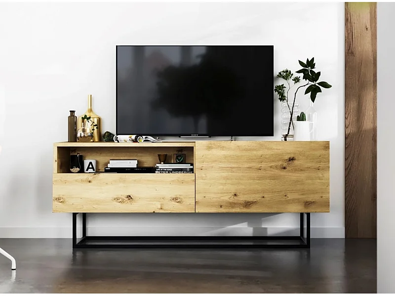 Meuble TV avec 1 portes et niche, tiroir - corps Chêne artisanal mat, façades Chêne artisanal mat - 120 cm, Cadre en métal noir