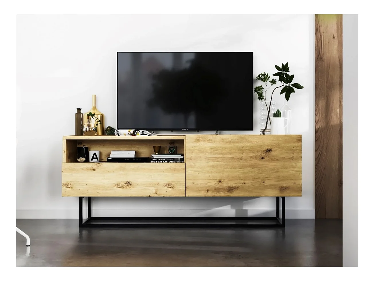 Meuble TV avec 1 portes et niche, tiroir - corps Chêne artisanal mat, façades Chêne artisanal mat - 120 cm, Cadre en métal noir