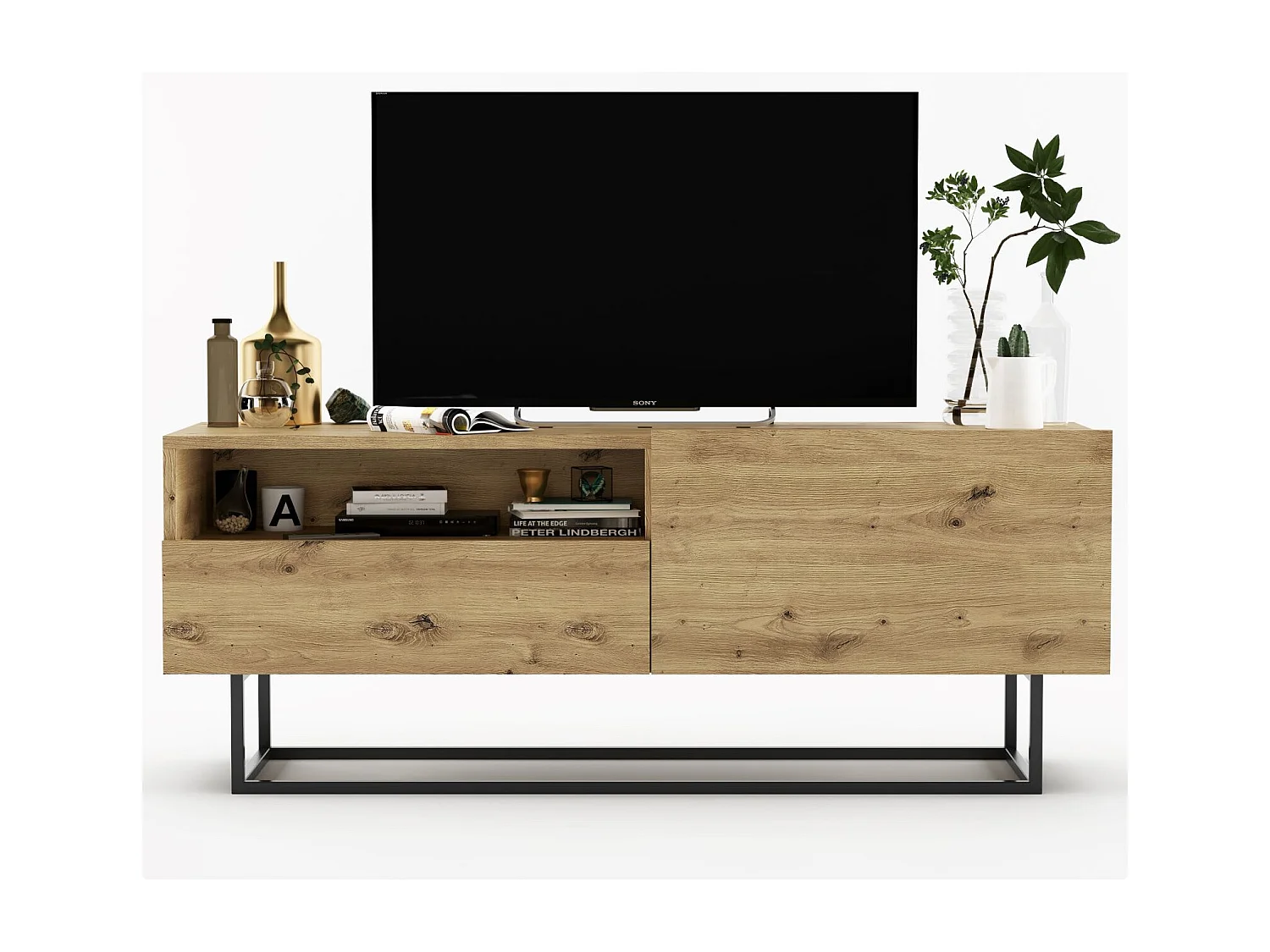 Meuble TV avec 1 portes et niche, tiroir - corps Chêne artisanal mat, façades Chêne artisanal mat - 120 cm, Cadre en métal noir