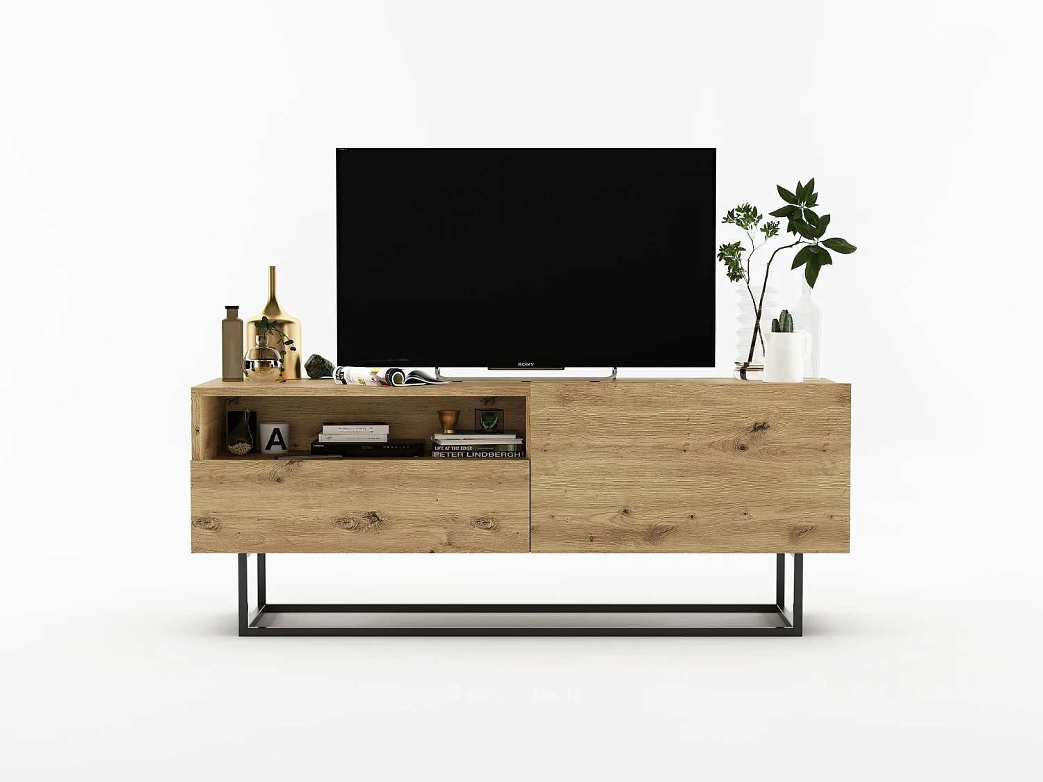 TV-meubel met 1 deur, open vak en lade – corpus Mat Ambachtseik, fronten Mat Ambachtseik – 120 cm, zwart metalen frame