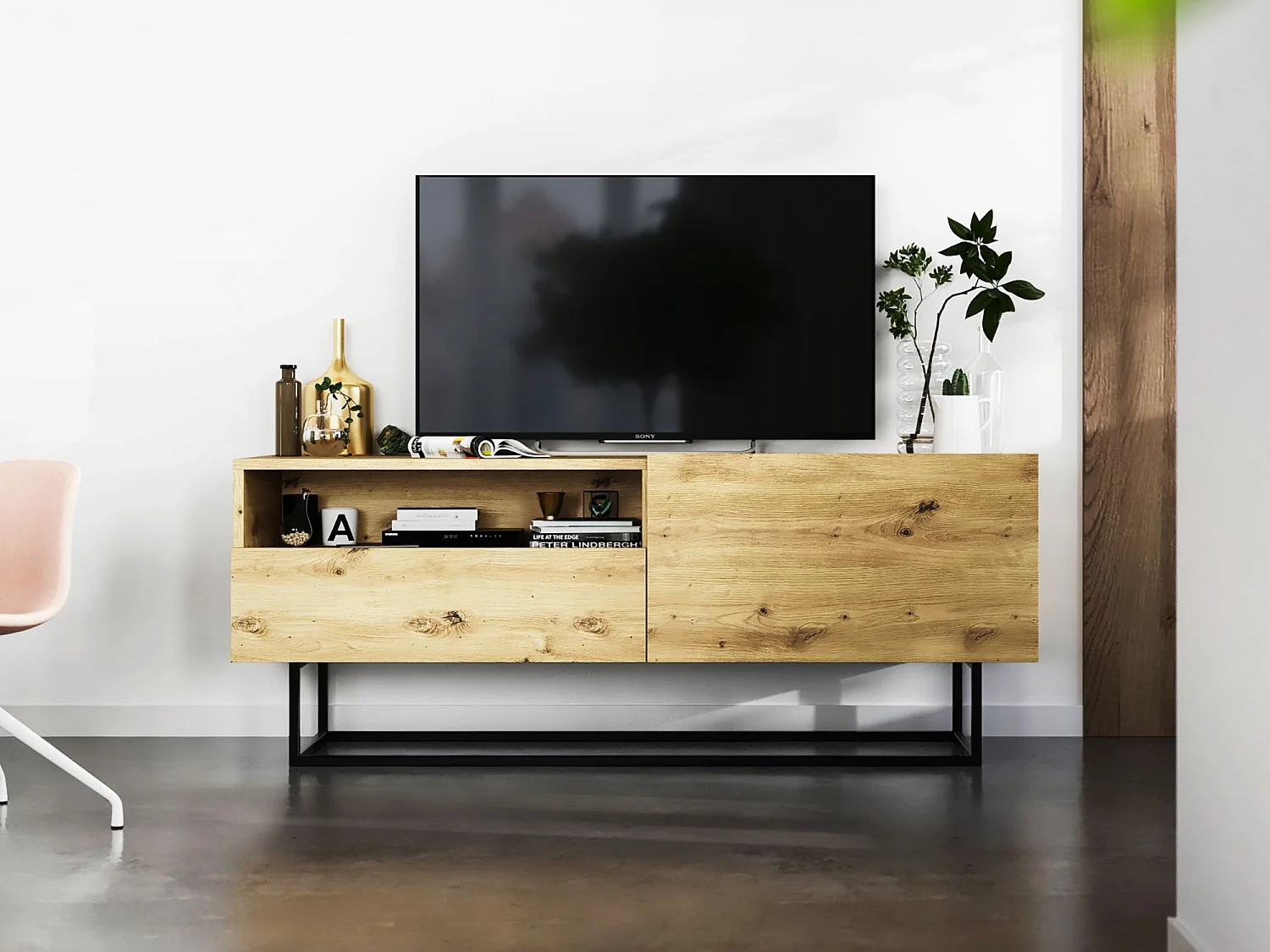 TV-meubel met 1 deur, open vak en lade – corpus Mat Ambachtseik, fronten Mat Ambachtseik – 120 cm, zwart metalen frame