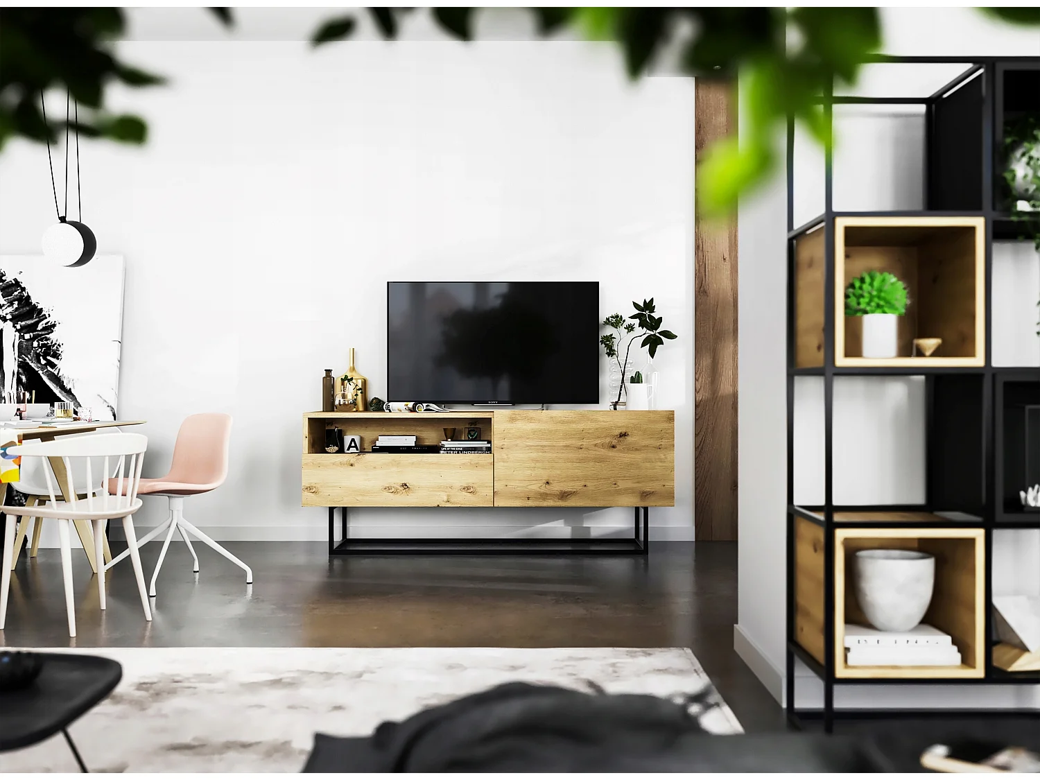 TV-meubel met 1 deur, open vak en lade – corpus Mat Ambachtseik, fronten Mat Ambachtseik – 120 cm, zwart metalen frame